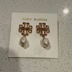 Tory Burch Gold Logo Earrings with Pearl Drops